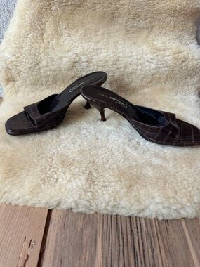 Via Spiga Brown Crocodile Embossed Leather Square Toe Mules